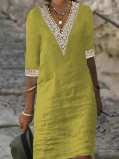 Vestido casual de mezcla de lino con detalles de encaje