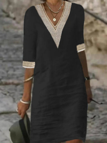 Vestido casual de mezcla de lino con detalles de encaje