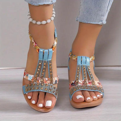 Sandalias Kandace | Sandalias de cuña boho con tira trenzada y pedrería