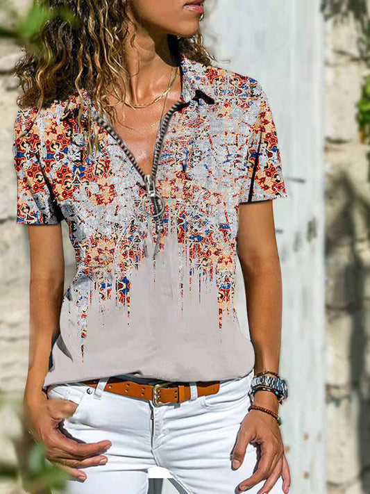 Bohemian West Ethnic Zip Top Camiseta de manga corta