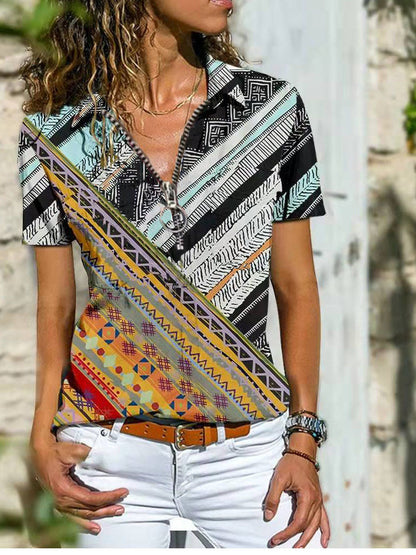 Bohemian West Ethnic Zip Top Camiseta de manga corta