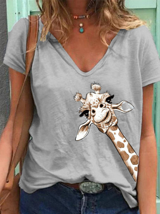 Camiseta de manga corta y cuello en V con estampado animal