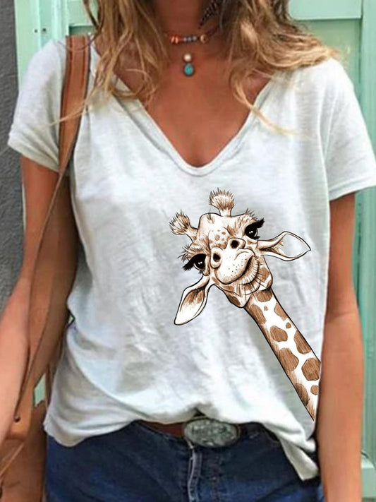 Camiseta de manga corta y cuello en V con estampado animal