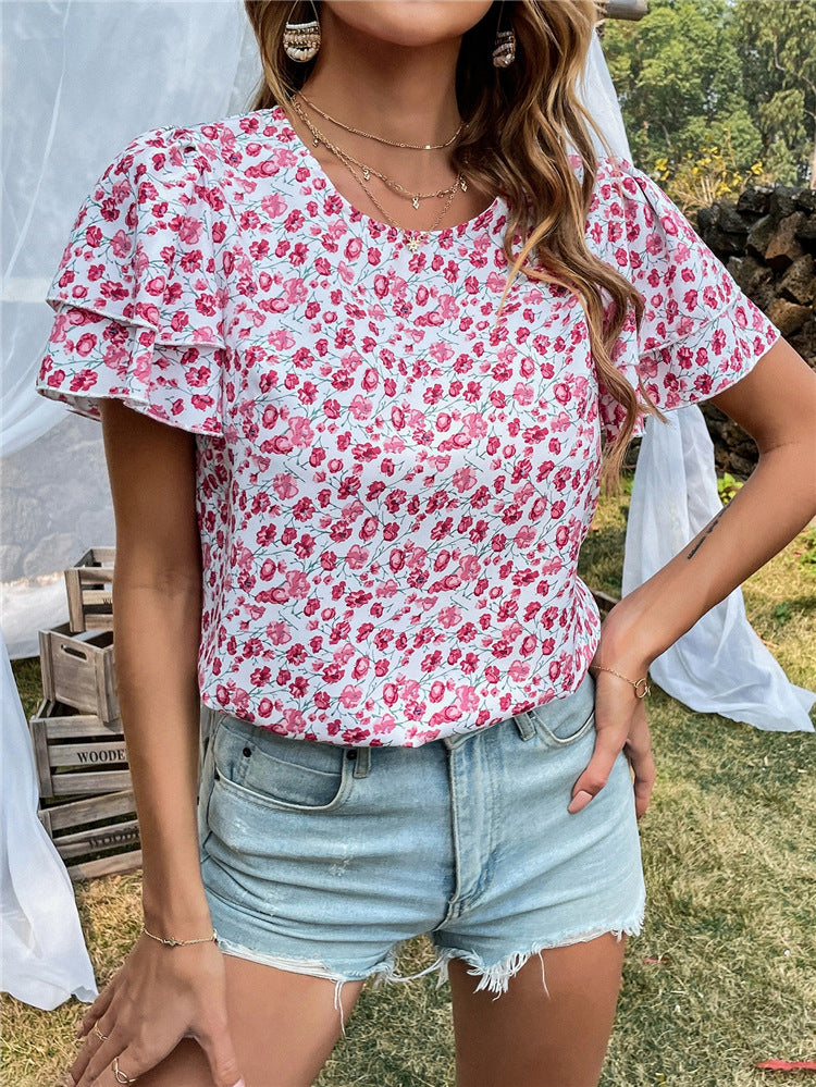 Suéter Cuello Redondo Estampado Camisa de Gasa Señoras Manga Volante Top
