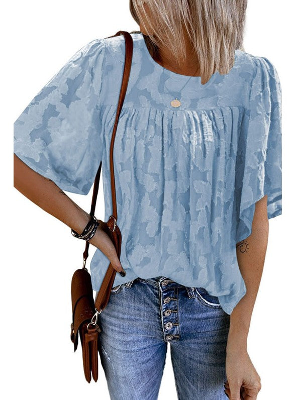 camisa de encaje de cinco puntos de manga de las mujeres europeas y americanas de comercio exterior suelta cuello redondo jersey