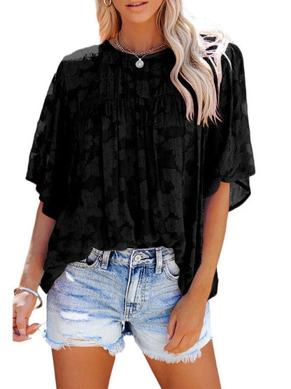 camisa de encaje de cinco puntos de manga de las mujeres europeas y americanas de comercio exterior suelta cuello redondo jersey