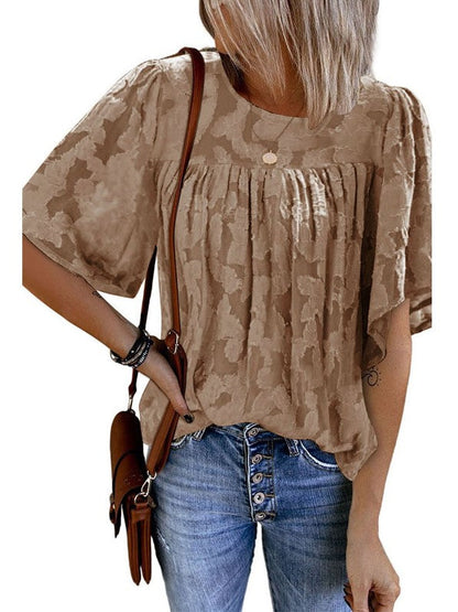 camisa de encaje de cinco puntos de manga de las mujeres europeas y americanas de comercio exterior suelta cuello redondo jersey