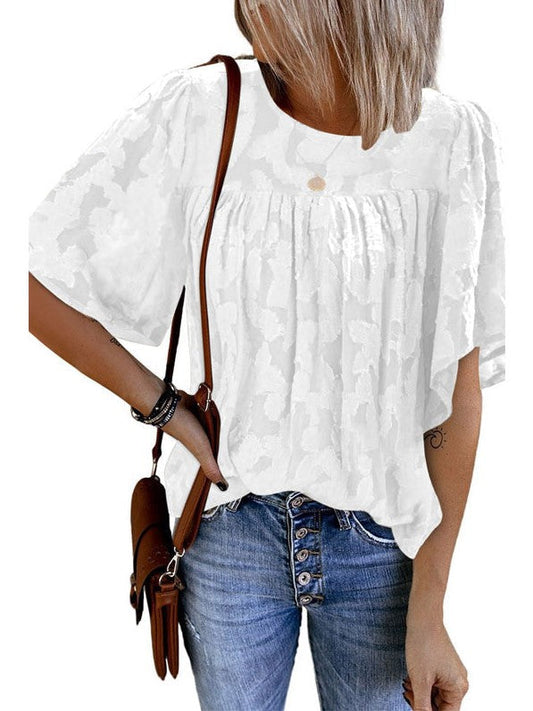 camisa de encaje de cinco puntos de manga de las mujeres europeas y americanas de comercio exterior suelta cuello redondo jersey