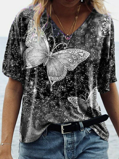 Camiseta con estampado de mariposas de manga media