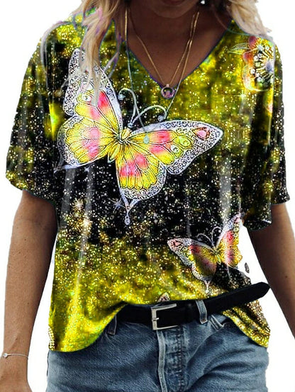 Camiseta con estampado de mariposas de manga media