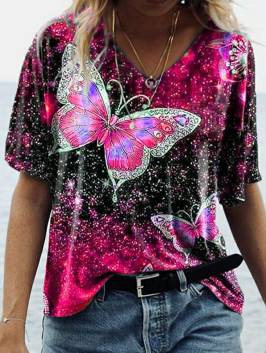 Camiseta con estampado de mariposas de manga media