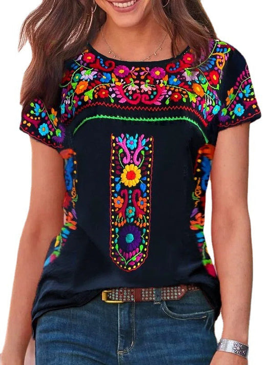 Boho print Cuello Redondo Manga Corta T-shirt Top