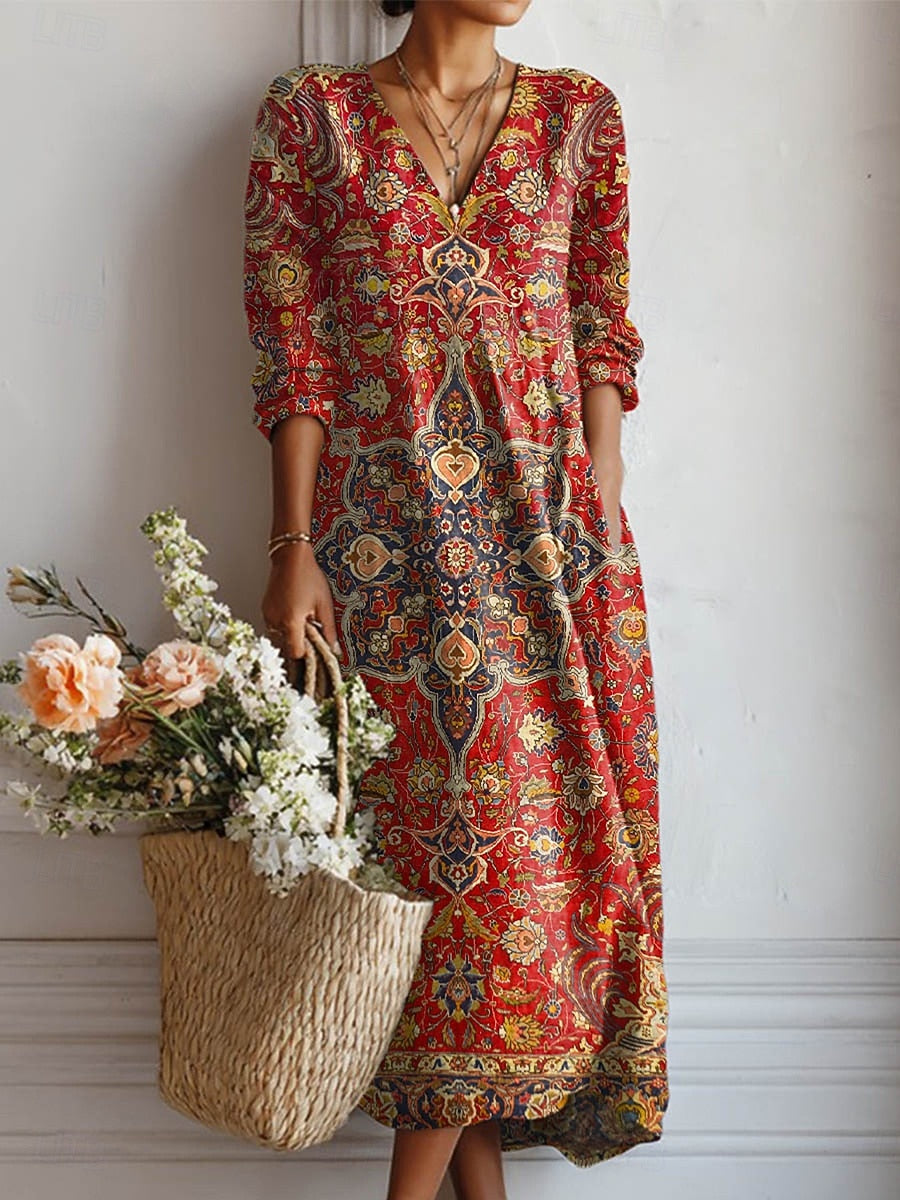 Damska Elegancka Sukienka Maxi W Kwiaty Luźny Krój