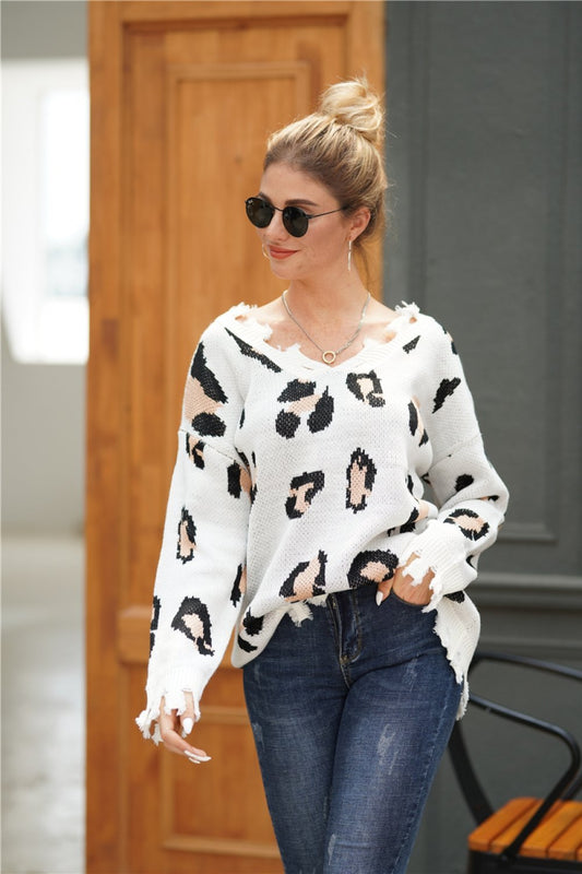 Jersey holgado de leopardo con dobladillo deshilachado para mujer