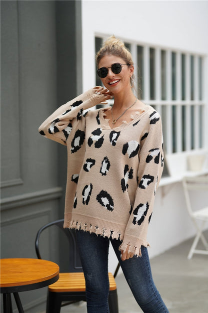 Jersey holgado de leopardo con dobladillo deshilachado para mujer