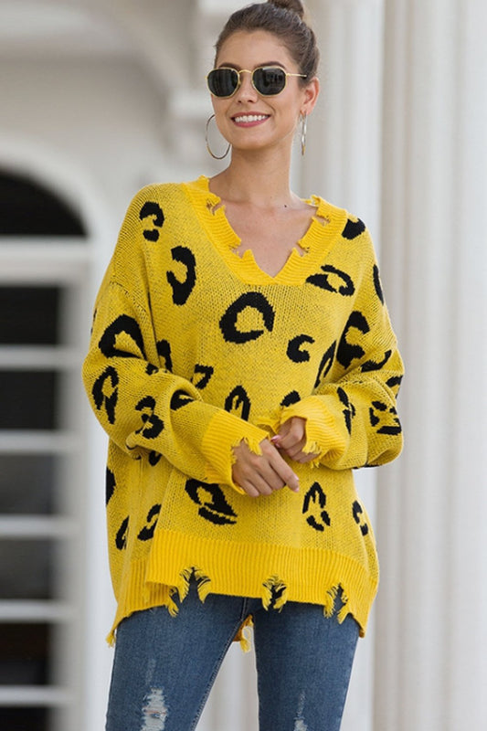 Jersey de leopardo con cuello de pico para mujer