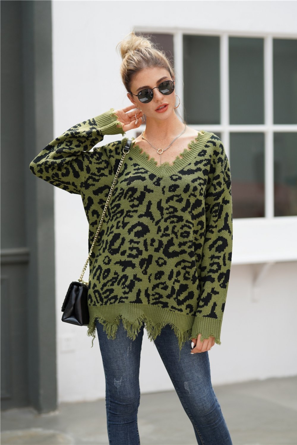Leopard V Neck Loose Sweater para Mujer