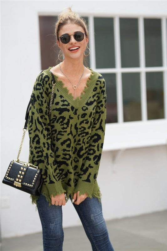Jersey suelto de leopardo con cuello en V para mujer
