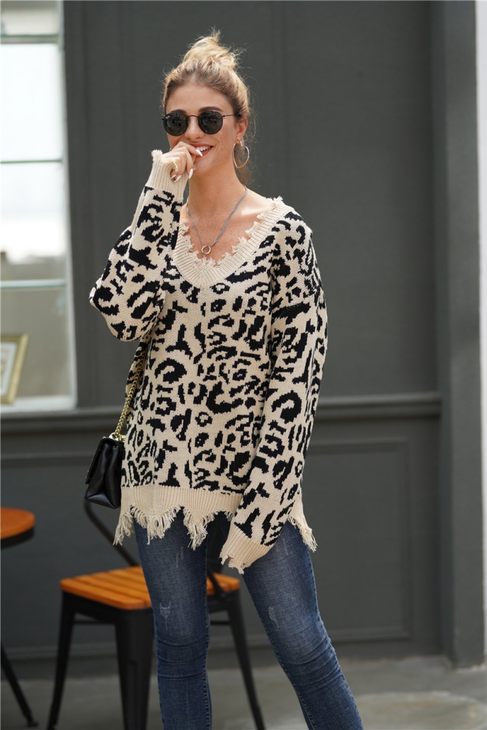 Leopard V Neck Loose Sweater para Mujer