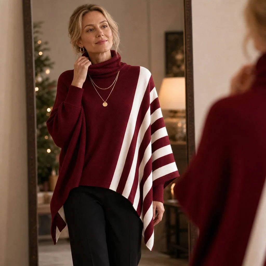 Damski Pasiasty Sweter Poncho Golf