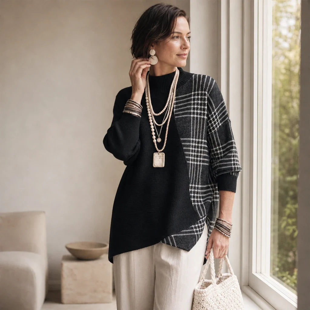 Sweter Damski Oversize Asymetryczny Kraciasta Wstawka