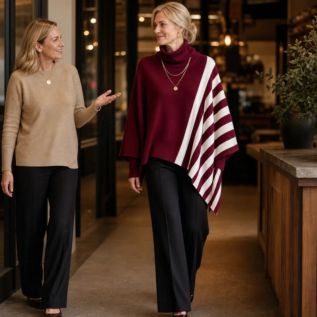 Damski Pasiasty Sweter Poncho Golf