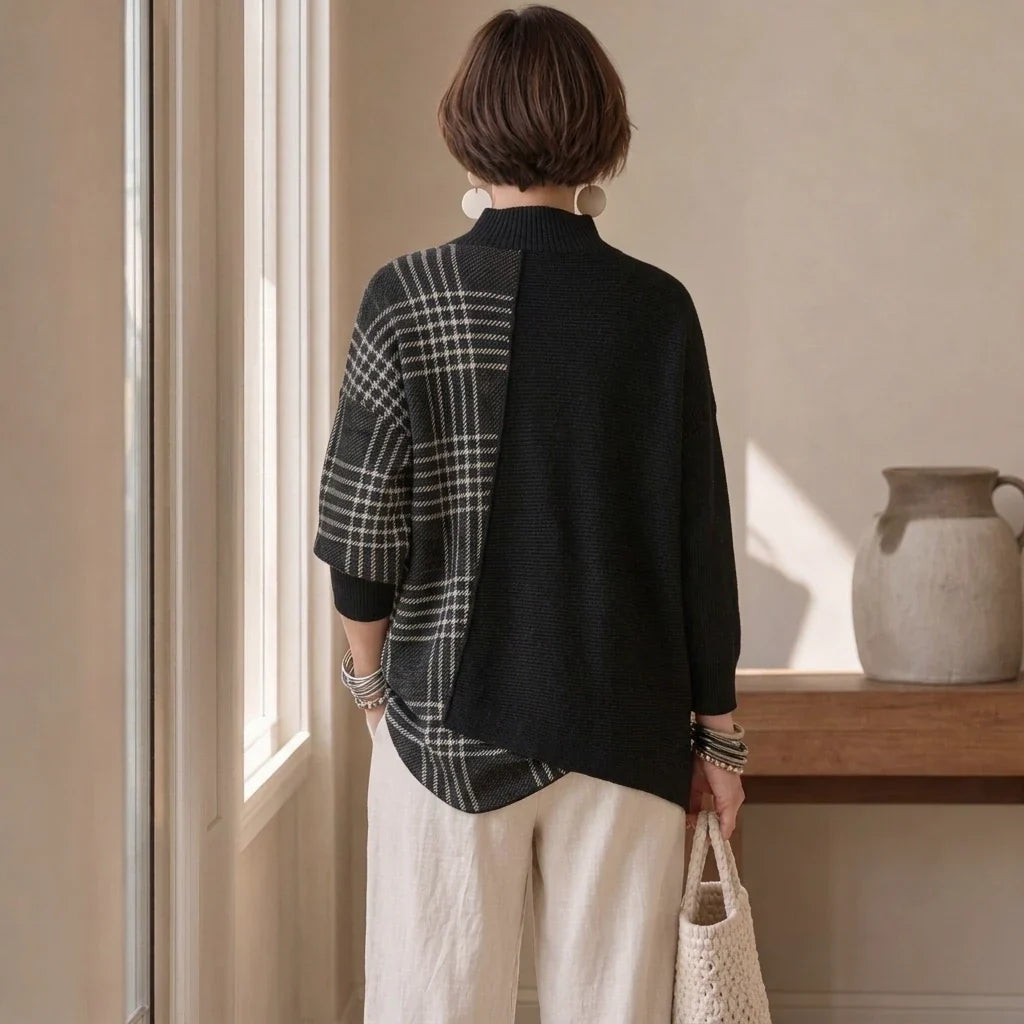 Sweter Damski Oversize Asymetryczny Kraciasta Wstawka