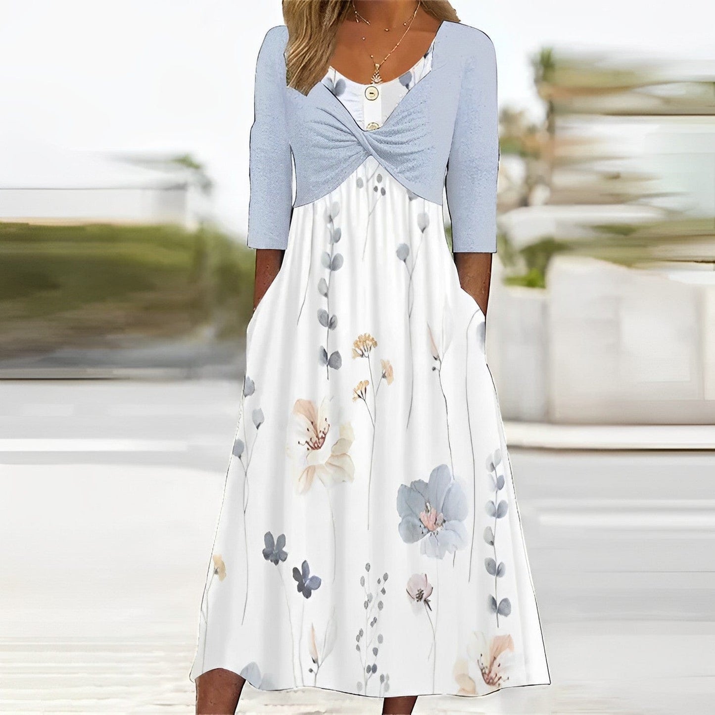 - Vestido azul con estampado