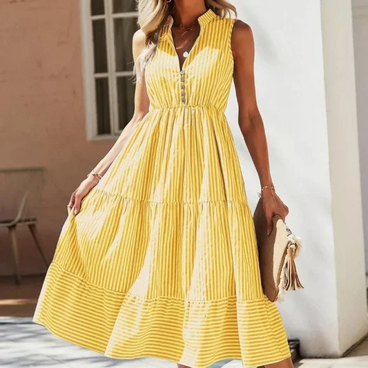 Vestido acampanado con cuello de muesca y estampado de rayas - amarillo