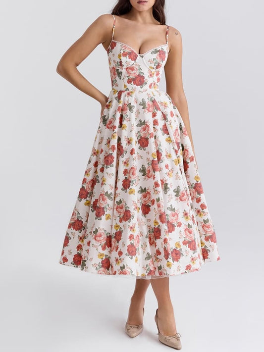 Rani - Vestido midi de tul italiano con estampado de rosas