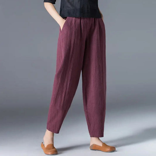 Pantalones puff de algodón y cáñamo para mujer Moda