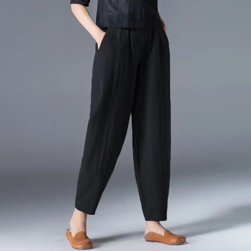 Pantalones puff de algodón y cáñamo para mujer Moda