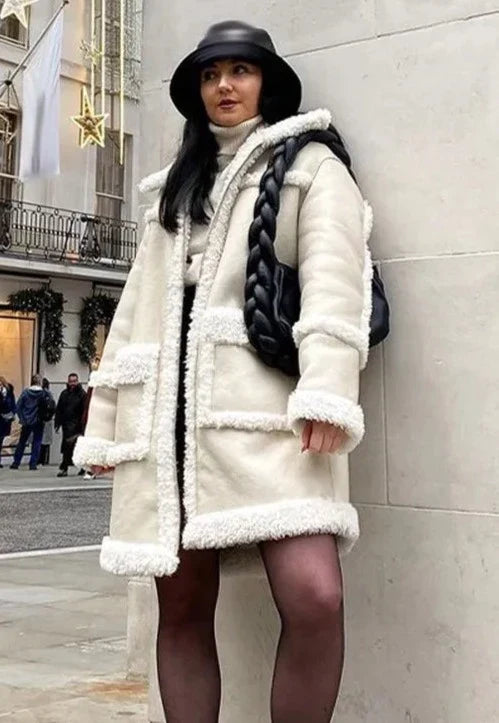 Abrigo blanco de invierno para mujer con peluche