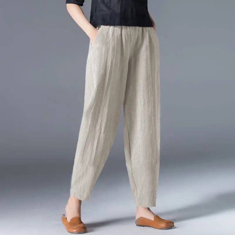 Pantalones puff de algodón y cáñamo para mujer Moda