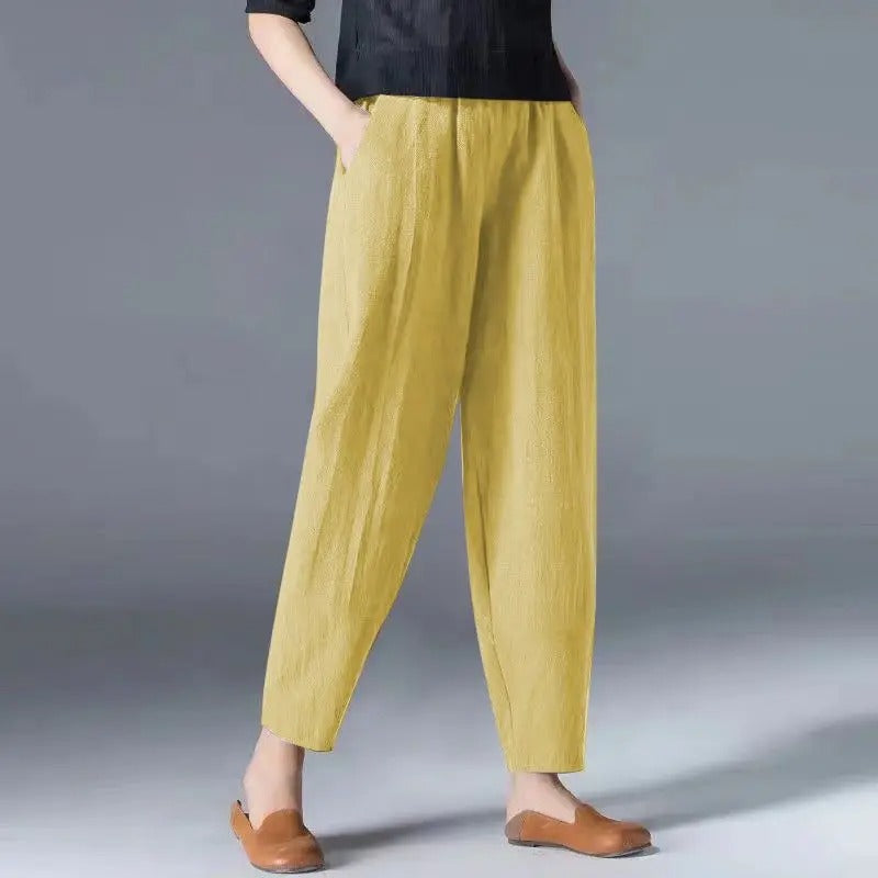 Pantalones puff de algodón y cáñamo para mujer Moda