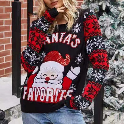 Jennifer | Cálido jersey de punto con copos de nieve navideños y Papá Noel bordado para mujer