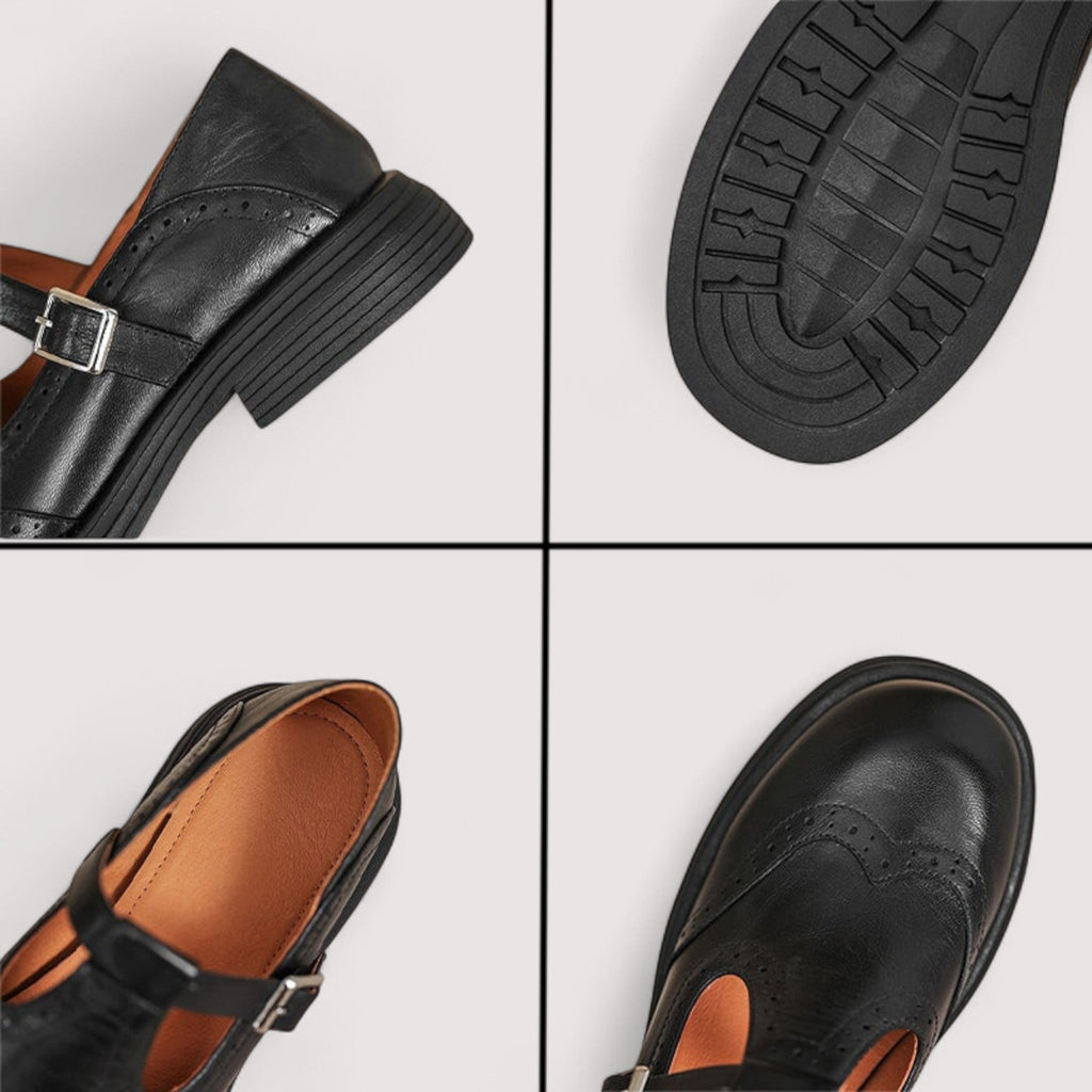 Damskie Półbuty Skórzane Mary Jane z Paskiem T-Strap