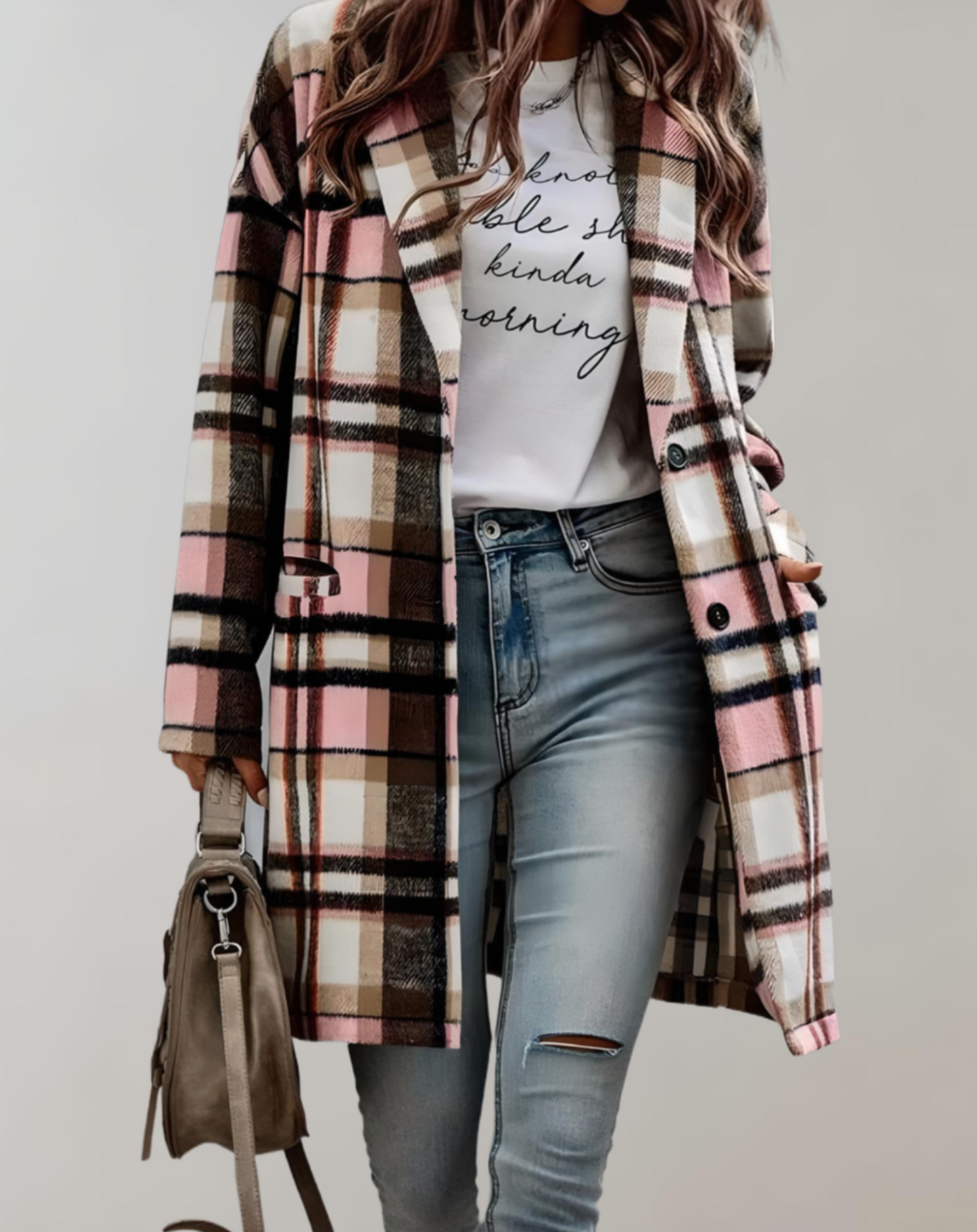 Chaqueta de mujer a cuadros con bolsillos laterales