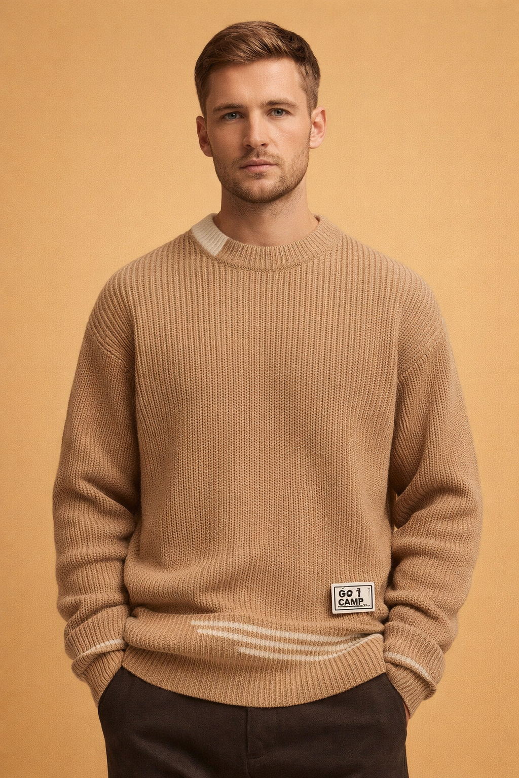 Męski Sweter Dzianinowy Patchwork Crew Neck