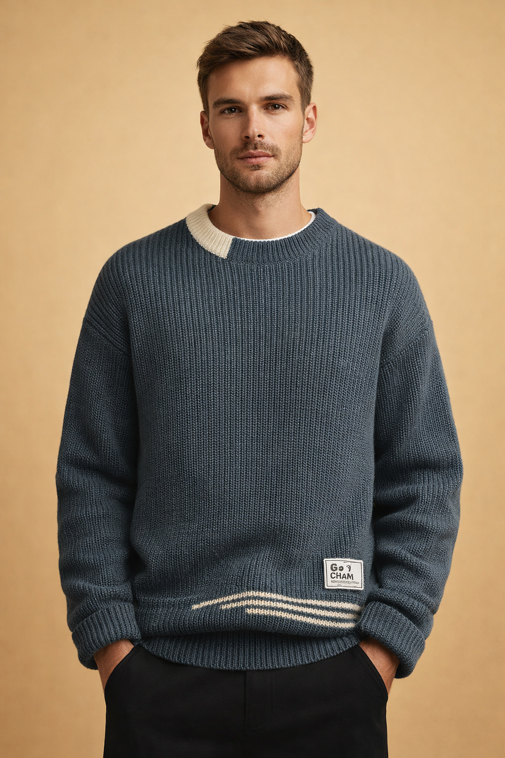 Męski Sweter Dzianinowy Patchwork Crew Neck