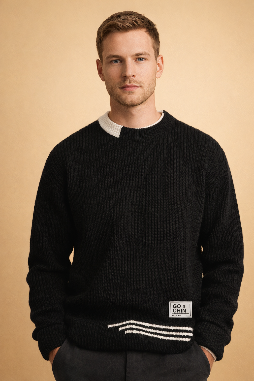Męski Sweter Dzianinowy Patchwork Crew Neck