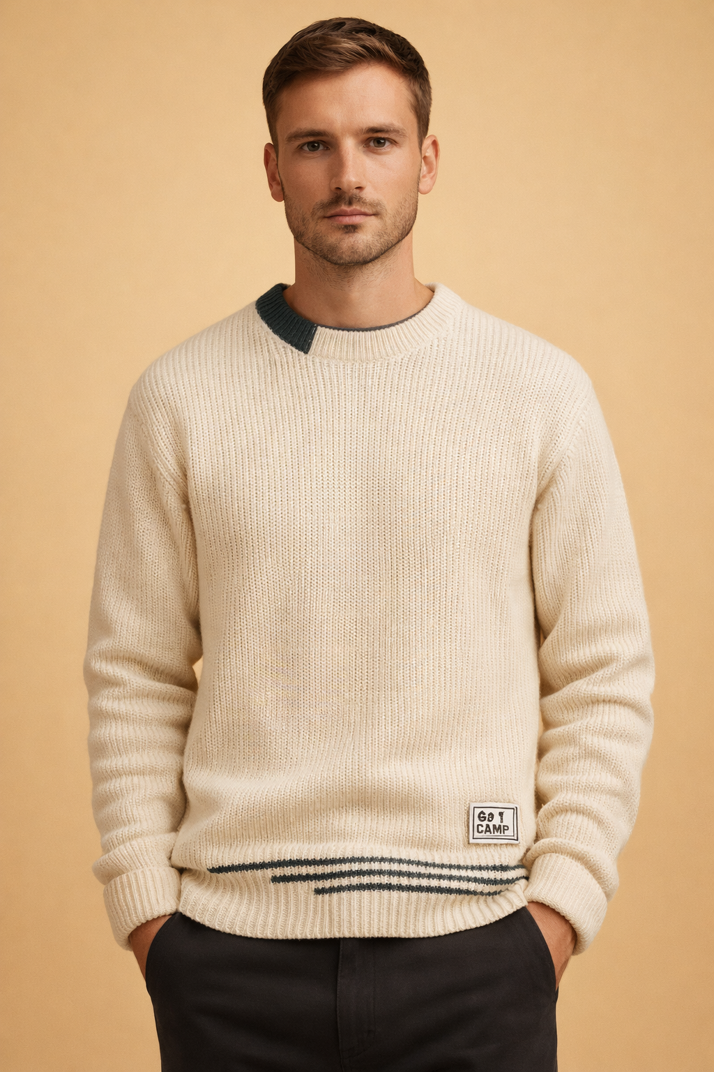 Męski Sweter Dzianinowy Patchwork Crew Neck