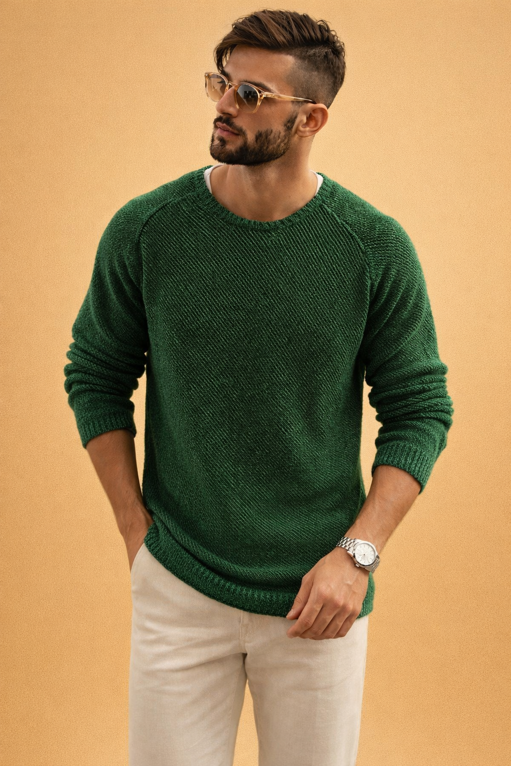 Męski Sweter Dzianinowy Okrągły Dekolt Długi Rękaw Raglan