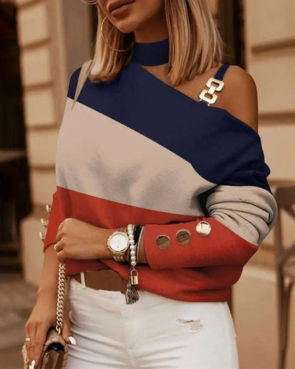 Meriel Sweater | Jersey de un hombro con botones metálicos y estampado patchwork