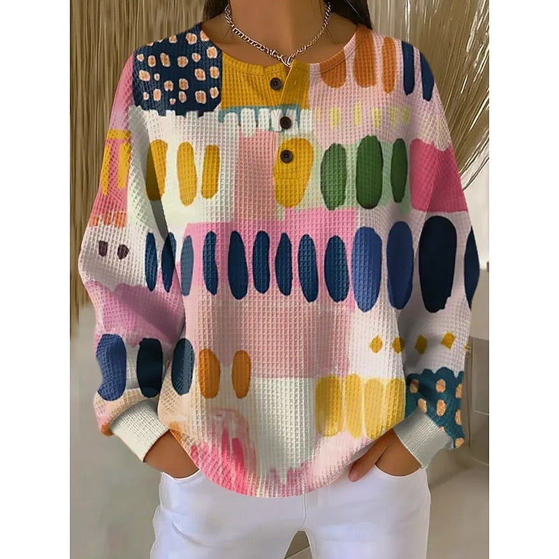 Damska Bluza Z Guzikami Przy Szyi Abstrakcyjny Patchwork