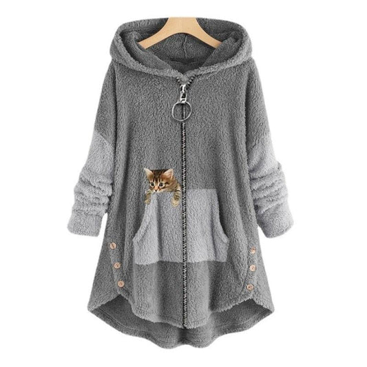Noreen Hoodie | Sudadera de felpa suave con diseño de gato y cremallera