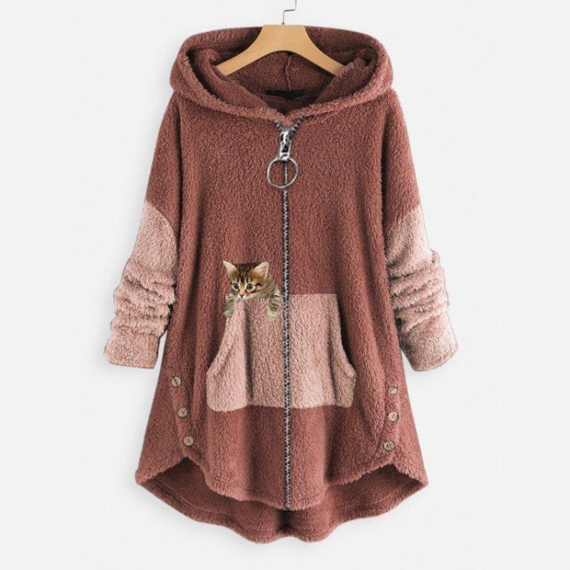 Noreen Hoodie | Sudadera de felpa suave con diseño de gato y cremallera