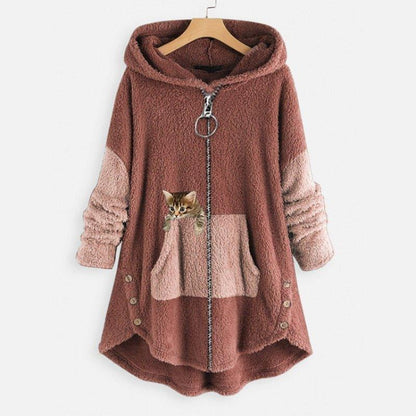 Noreen Hoodie | Sudadera de felpa suave con diseño de gato y cremallera