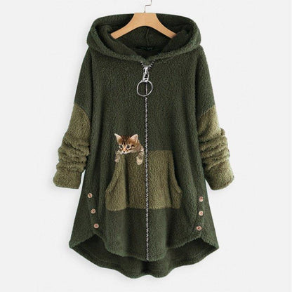 Noreen Hoodie | Sudadera de felpa suave con diseño de gato y cremallera