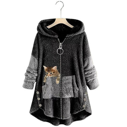 Noreen Hoodie | Sudadera de felpa suave con diseño de gato y cremallera